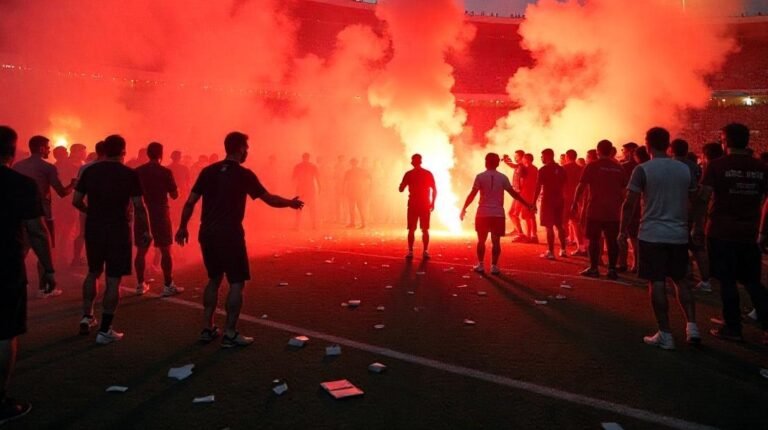 A chaotic scene of a UEFA Europa League match, featuring a heavy police presence with officers in riot gear, bright flashing lights, and barricades. The background shows a stadium filled with fans wearing team colors, while smoke fills the air from flares. Emphasize tension and urgency in the atmosphere, capturing the intensity of the security operation without any textual elements.